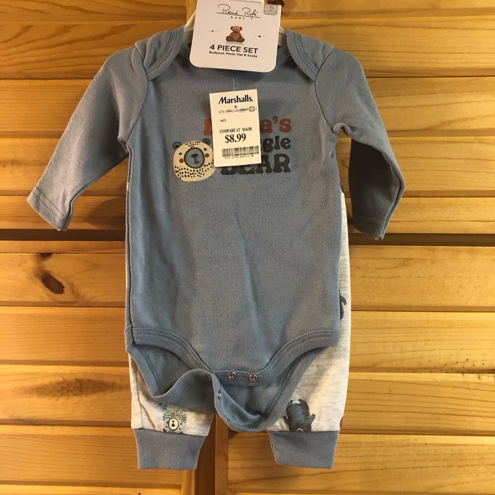 RENE ROFE 0-3 Month Matching Onesie, Pants, Socks, and Hat, Slate Blue